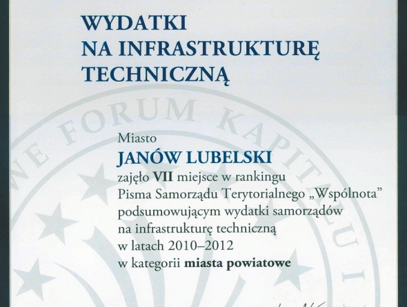 Dyplom 7 miejsca w Rankingu "Wydatki na infrastrukturę techniczną" w kategorii miasta powiatowe w latach 2010-12.